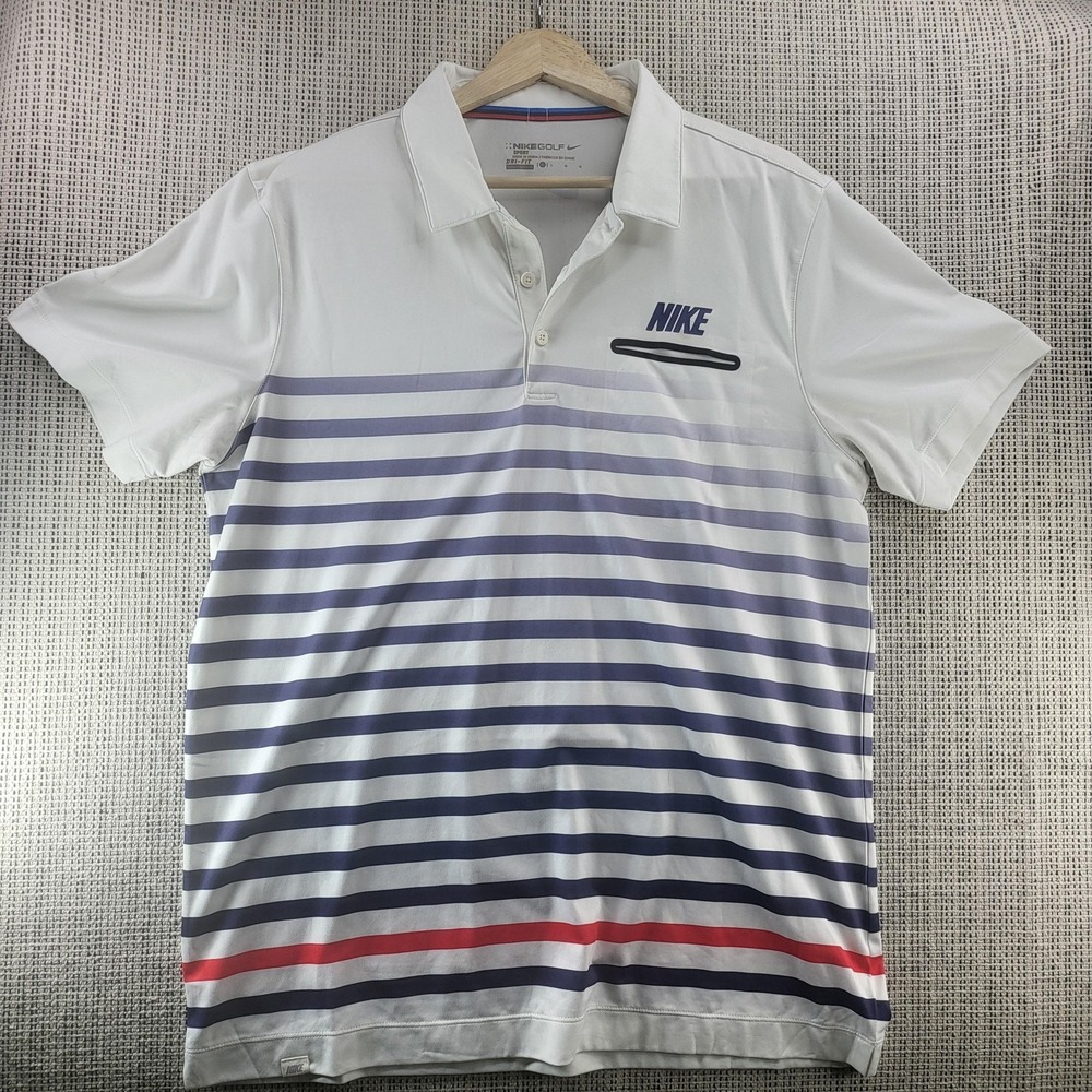 Nike Golf Polo Shirt Mens Large‎ White Dri-FIT Striped Short Sleeve Golf